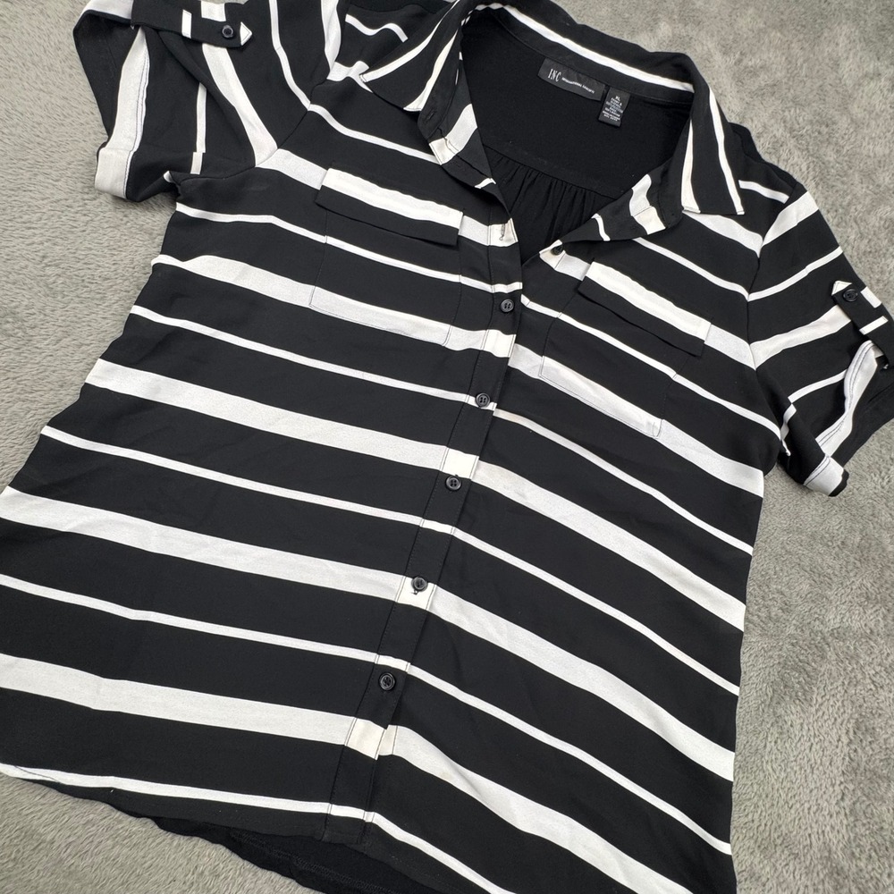 INC Striped Blouse Womens XL Black White EUCIU Mixed Media Roll Tab Top